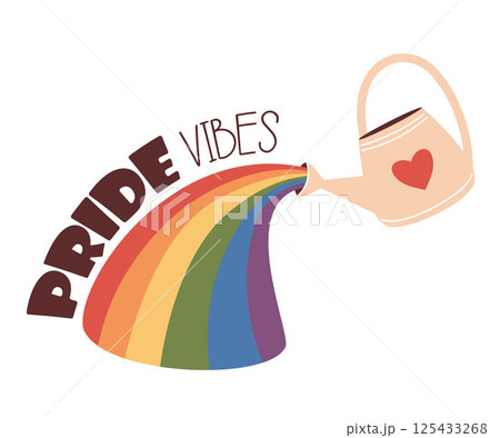 Pride Vibes. Garden watering can water in rainbow colors of LGBT flag. LGBTQ community. Vector illustration for design, card, print, pride month Pride Vibes. Garden watering can water in rainbow colors of LGBT flag. LGBTQ community. Vector illustration for design, card, print, pride month 125433268
