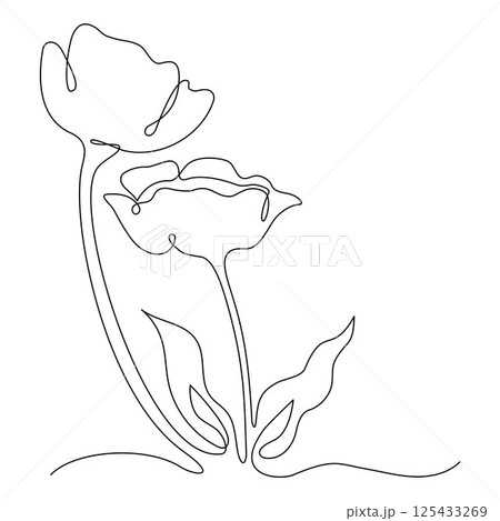 Two Beautiful Flowers with Leaves. One Continuous Line Drawing. Minimalist Garden Tulip in Simple Linear Style. Vector Illustration. Hand Drawn Monoline. Editable stroke 125433269