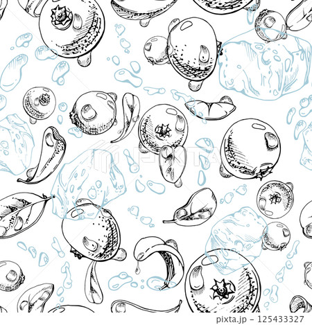 Cranberry lingonberry flying in water splash with ice cubes, drops and green leaves, vector hand drawn in ink, ripe summer forest berry. Isolated seamless pattern. Patchwork, cafe menu, farmers market 125433327