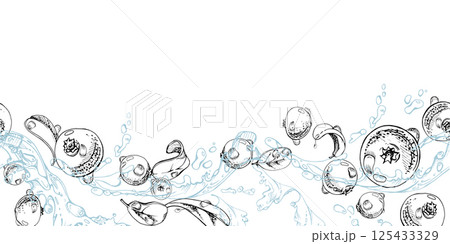 Cranberry lingonberry flying in water splash with green leaves and dew drops, vector hand drawn in ink, ripe summer forest berry. Isolated seamless banner for home preserves, stationery, recipe book Cranberry lingonberry flying in water splash with green leaves and dew drops, vector hand drawn in ink, ripe summer forest berry. Isolated seamless banner for home preserves, stationery, recipe book 125433329