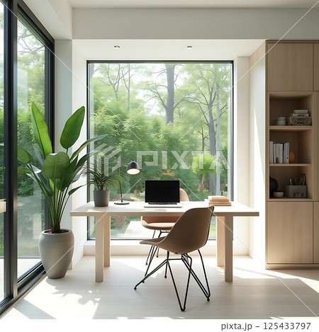 Modern Home Office with a Large Window and Greener 125433797
