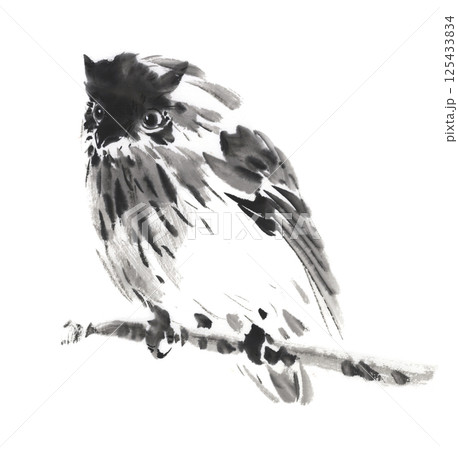 枝に留まるミミズク 水墨画 枝に留まるミミズク 水墨画 125433834