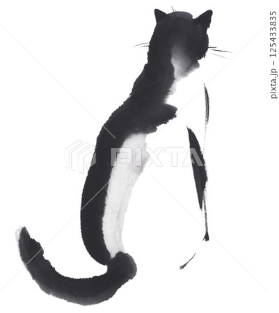 後ろ姿の猫　水墨画 125433835