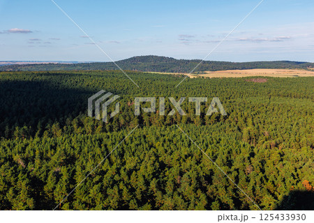 breathtaking view from the Regenstein castle ruins in Harz, Germany, showcasing vast forests, farmland, and a clear blue sky with scattered clouds on a sunny day 125433930