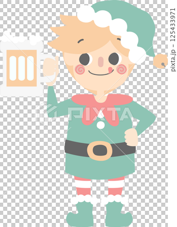 merry christmas and happy new year with cute little elf dwarf holding glass of beer, flat png illustration cartoon character costume design 125433971
