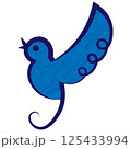 曲線的な羽と尾を持つ青い鳥のシンボルイラスト 125433994