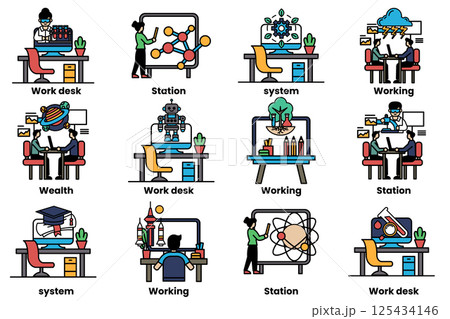 set of illustrations in the concept of office desks and business equipment in a line style 125434146