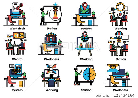 set of illustrations in the concept of office desks and business equipment in a line style set of illustrations in the concept of office desks and business equipment in a line style 125434164
