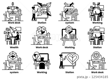 set of illustrations in the concept of office desks and business equipment in a line style set of illustrations in the concept of office desks and business equipment in a line style 125434185