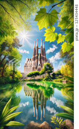 サグラダファミリアと水面に映える景観 春 サグラダファミリアと水面に映える景観 春 125434448
