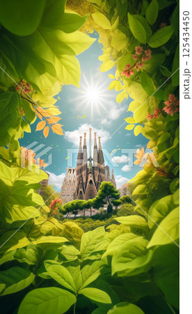 サグラダファミリアと水面に映える景観　春 125434450