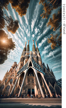 サグラダファミリアと水面に映える景観 125434451