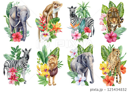 Watercolor African wild animals with tropical flowers and leaves, safari wildlife clipart, zebra elephant lion cheetah 125434832