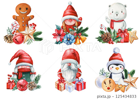 Watercolor Christmas clipart set with Santa gnomes, polar bear, penguin, gingerbread man holiday elements. Cute clipart Watercolor Christmas clipart set with Santa gnomes, polar bear, penguin, gingerbread man holiday elements. Cute clipart 125434833