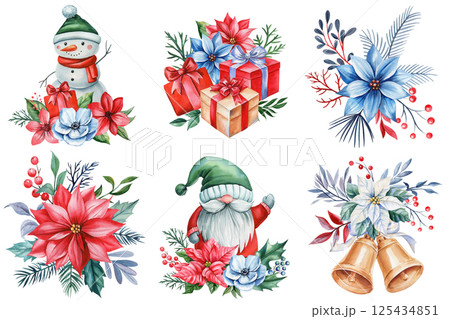 Watercolor Christmas set with gifts, poinsettia flowers, snowman, bells, gnome and winter greenery on white background Watercolor Christmas set with gifts, poinsettia flowers, snowman, bells, gnome and winter greenery on white background 125434851