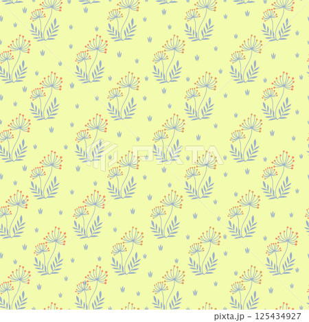 Easter meadow seamless pattern. Leaves and flowers spring simple background. Blossom garden plants Easter meadow seamless pattern. Leaves and flowers spring simple background. Blossom garden plants 125434927