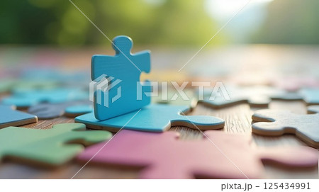 wooden puzzle in a piece of puzzle 125434991