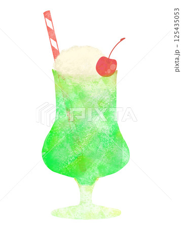 透明感のある水彩手描きのクリームソーダのイラスト メロン 透明感のある水彩手描きのクリームソーダのイラスト メロン 125435053