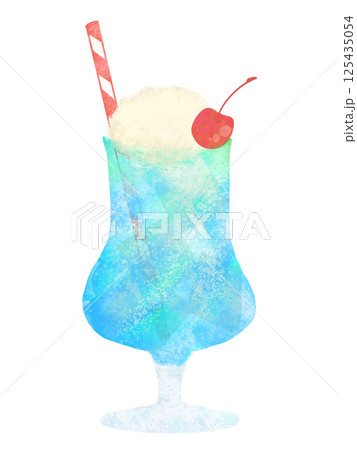 透明感のある水彩手描きのクリームソーダのイラスト　ブルーハワイ 125435054