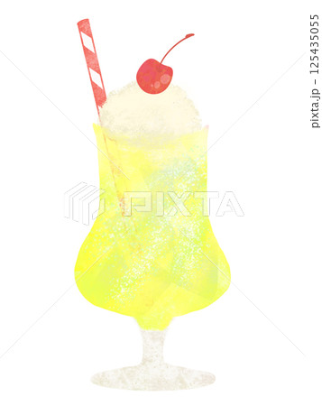 透明感のある水彩手描きのクリームソーダのイラスト　レモン 125435055