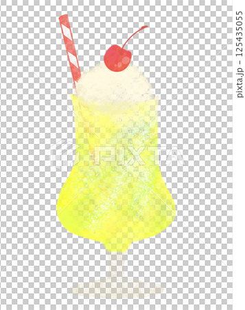 透明感のある水彩手描きのクリームソーダのイラスト　レモン 125435055