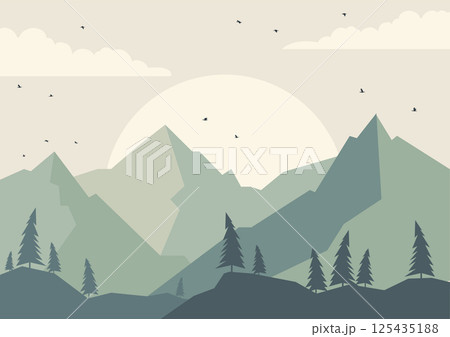 Contemporary aesthetic mountains landscape art. Spring valley with cloudscape. Green nature forest 125435188