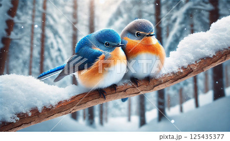 ルリビタキと雪景色 125435377