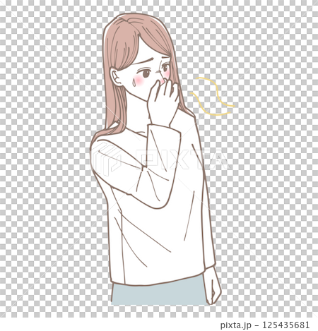 鼻をつまんで匂いを嗅がないようにしている女性 125435681