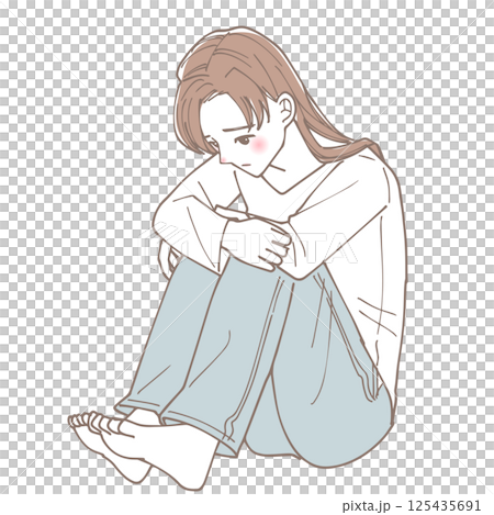 一位女士坐在地板上，心情沮喪的插圖 125435691