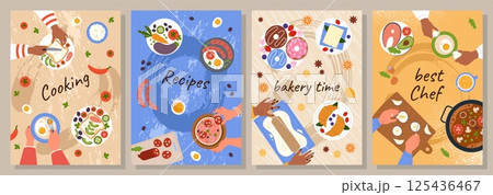 Food cooking. Bakery time. Chef arms. Lunch preparation. Hands frying eggs omelet top view. Cook recipe. Pastry cake baking. Kitchen product. Diet meal ingredient. Culinary vector posters design set 125436467