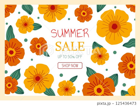 Summer sale background. Banner discount template. Cute flowers and leaves. Floral flyer, minimalistic backdrop design. Shopping creative promotional. Vector cartoon flat style isolated illustration 125436473