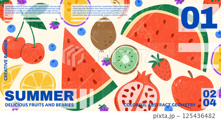 Fruit abstract. Summer food, tropical plants. Strawberry, watermelon, sweet cherry and orange. Background of restaurant modern minimal poster, typography banner. Ripe slice berry. Vector garish nature 125436482