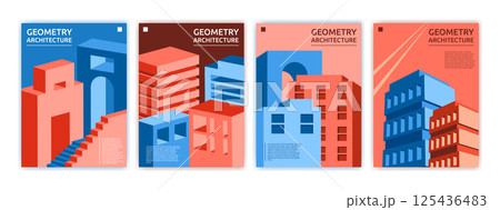 Minimal city architecture. Cube perspective minimalistic style posters. House graphic in abstract colorful geometry. Landscape pattern. Texture business banner. Vector wall art garish construction 125436483