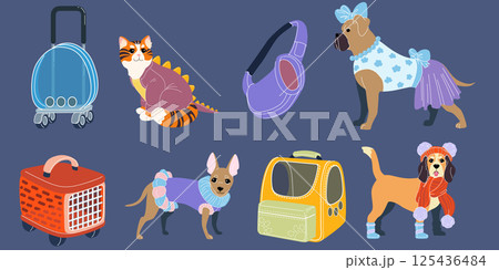 Pet backpack carrier. Cute transport bag. Dog cloth. Cat dress. Domestic animal costume and accessory. Shoe for puppy. Kitten of travel box. Mammal case. Vector mammal transportation containers set 125436484