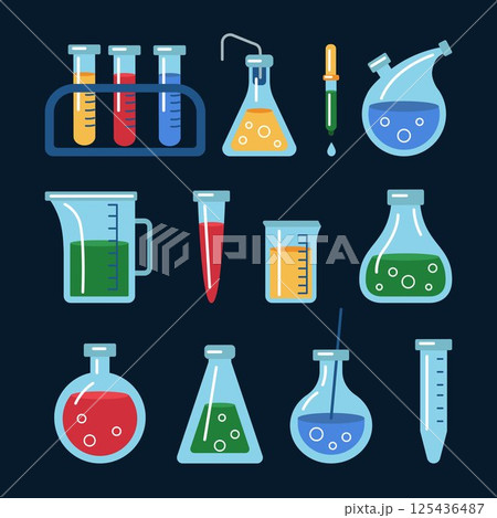 Science lab icon set. Chemistry beaker, laboratory equipment. Flask measuring, test tube glassware. Medical vial as research tool. Bottle for study element. Vector tidy flat style isolated jar sign 125436487