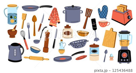 Kitchen cook. Utensil with cutlery. Chef tool. Fork and knife. Home kitchenware. Tableware for cooking. Plate with spoon. Domestic cookware. Household appliance for food preparation. Vector tidy set Kitchen cook. Utensil with cutlery. Chef tool. Fork and knife. Home kitchenware. Tableware for cooking. Plate with spoon. Domestic cookware. Household appliance for food preparation. Vector tidy set 125436488