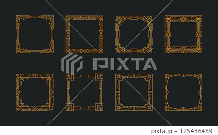 Frame art deco. Gatsby vintage gold line border. Great old pattern luxury filigree invitation. Card decoration modern. Geometry retro. Square premium framework. Vector tidy wedding design template set 125436489
