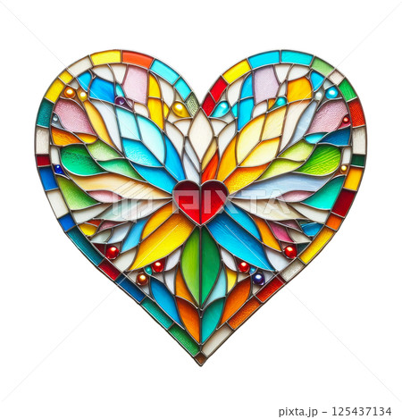 Colorful heart made in stained glass technique, white background, minimalism 125437134
