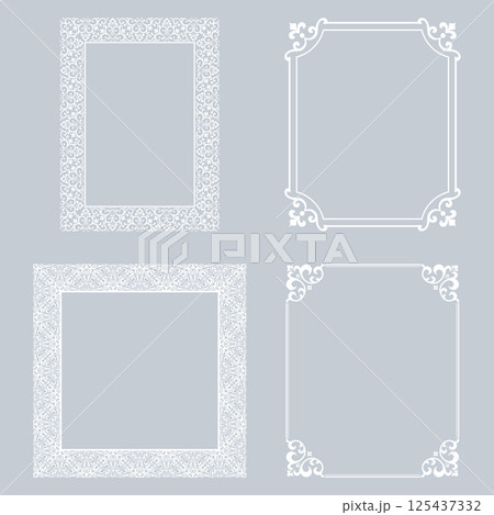 Set of decorative frames Elegant vector element for design in Eastern style, place for text. Floral gray and white borders. Lace illustration for invitations and greeting cards Set of decorative frames Elegant vector element for design in Eastern style, place for text. Floral gray and white borders. Lace illustration for invitations and greeting cards 125437332
