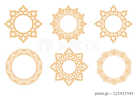 Set of decorative frames Elegant vector element for design in Eastern style, place for text. Floral golden and white borders. Lace illustration for invitations and greeting cards 125437345