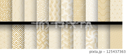 Geometric set of seamless golden and white patterns. Simple vector graphics 125437363