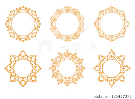 Set of decorative frames Elegant vector element for design in Eastern style, place for text. Floral golden and white borders. Lace illustration for invitations and greeting cards 125437379