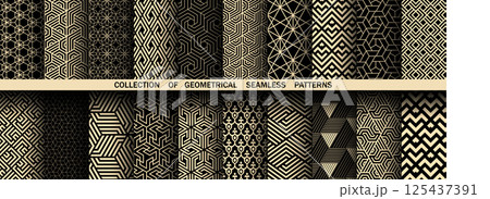 Geometric set of seamless black and golden patterns. Simple vector graphics Geometric set of seamless black and golden patterns. Simple vector graphics 125437391