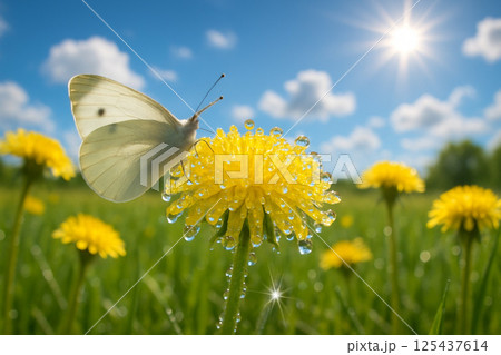 雨上がりのタンポポの花にモンシロチョウ 125437614