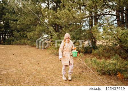 A little girl collects cones in a plastic baby bucket  125437669