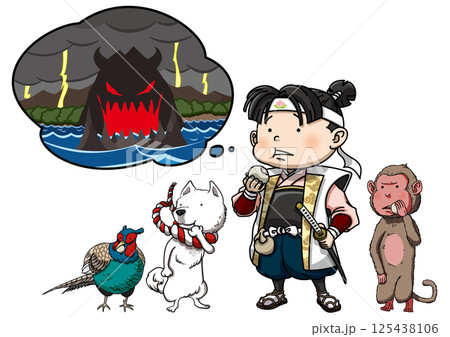 きびだんごをほおばりながら鬼ヶ島を想像する桃太郎一行 125438106