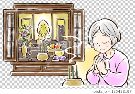 線香を焚き仏壇に向かって合掌する高齢女性 125438197