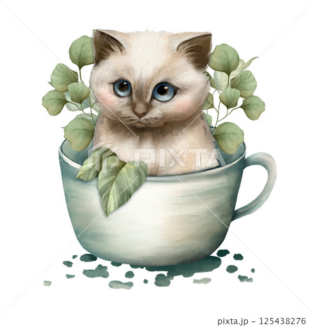 Charming illustration of a kitten sitting in a teacup surrounded by leaves, hand drawn Charming illustration of a kitten sitting in a teacup surrounded by leaves, hand drawn 125438276