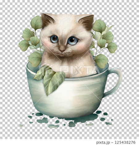 Charming illustration of a kitten sitting in a teacup surrounded by leaves, hand drawn Charming illustration of a kitten sitting in a teacup surrounded by leaves, hand drawn 125438276