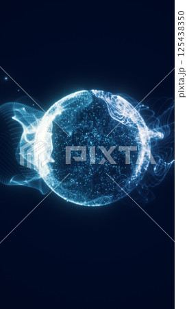 High-tech glowing sphere with blue digital particles forming complex structures in a virtual space environment High-tech glowing sphere with blue digital particles forming complex structures in a virtual space environment 125438350